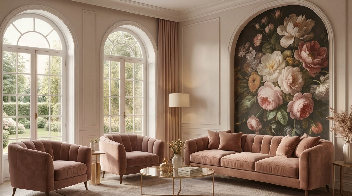 Elegant blush living room with arched windows and floral wall art